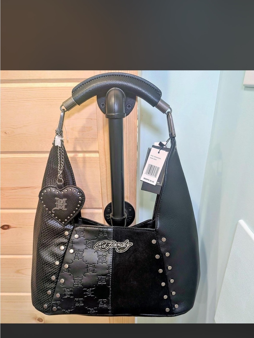 Ed Hardy Black Mixed-Texture Studded Shoulder Bag with Heart Charm